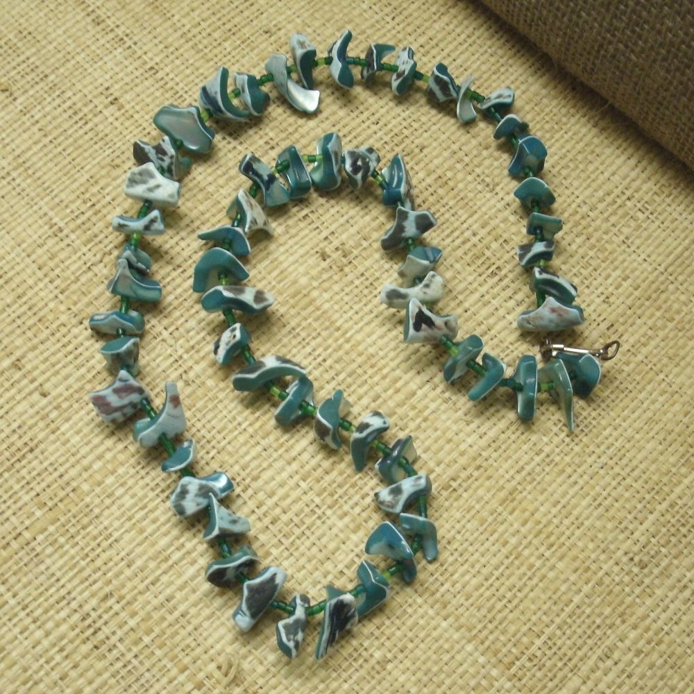 Handmade Blue Dyed Shell & Seed Bead Necklace - Picture 1 of 16